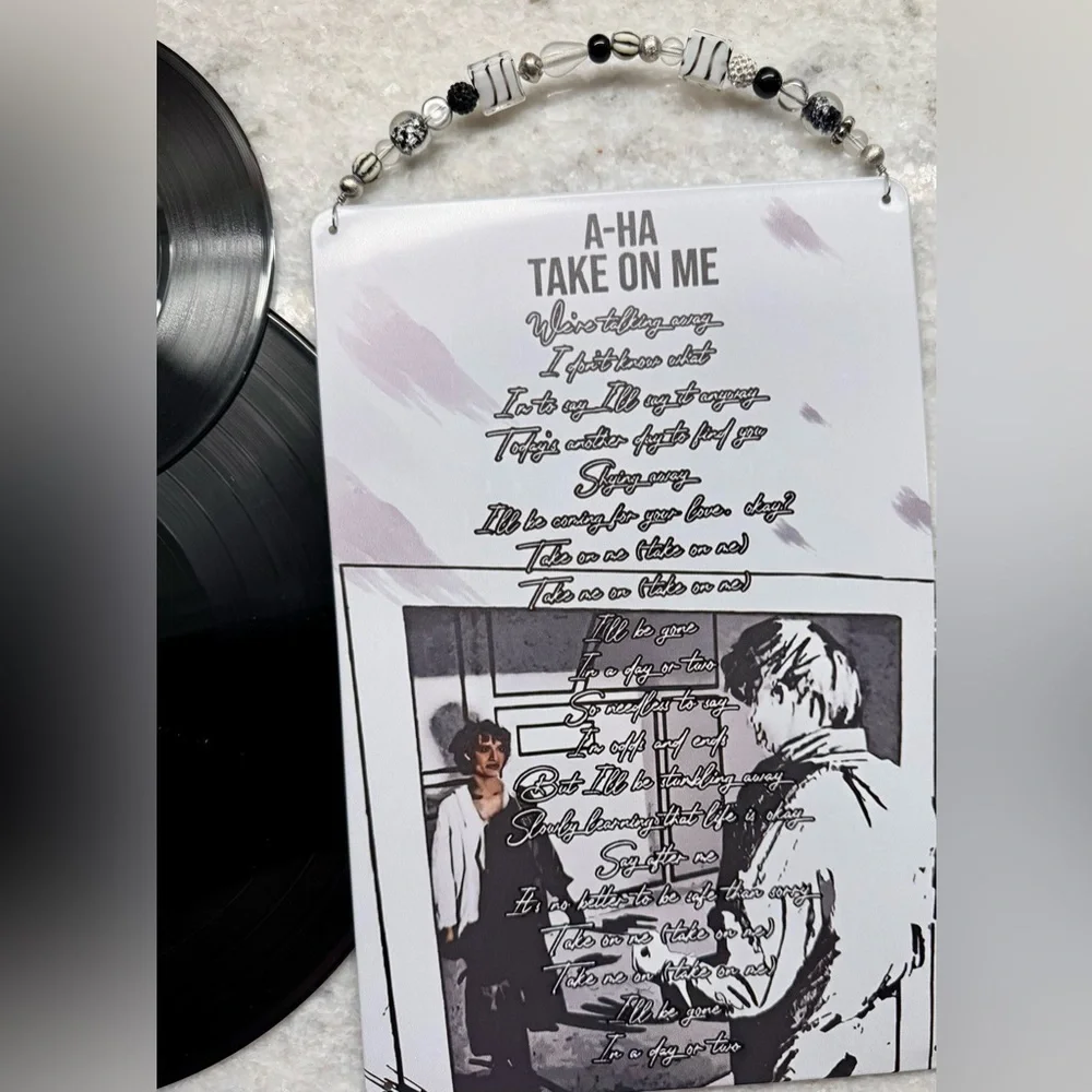 New A-ha Band Take On Me 80s Inspired Metal Wall Sign w/ Beaded Hanger 8” x 12”